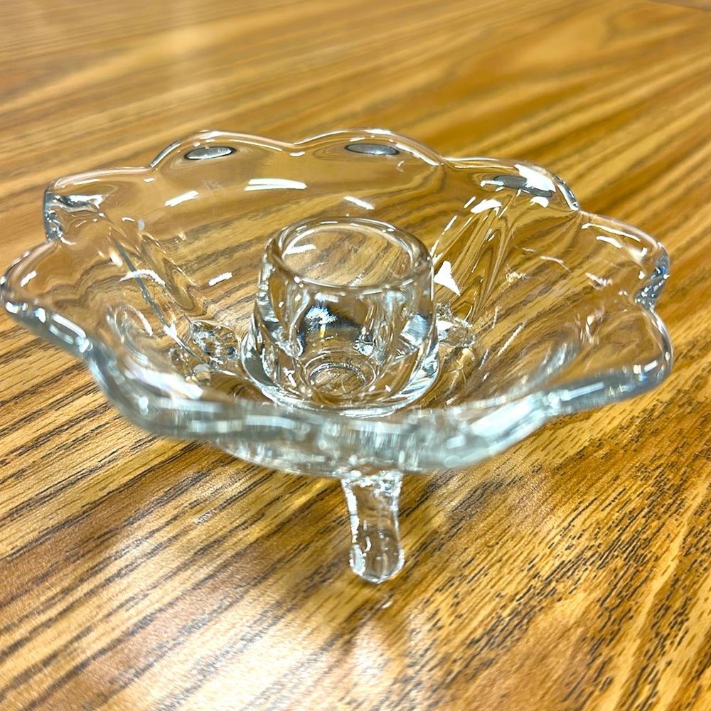 2 Fenton Accent 3 Legged Candle Holder, Clear Glass,Scalloped 9-Petal Floral Rim